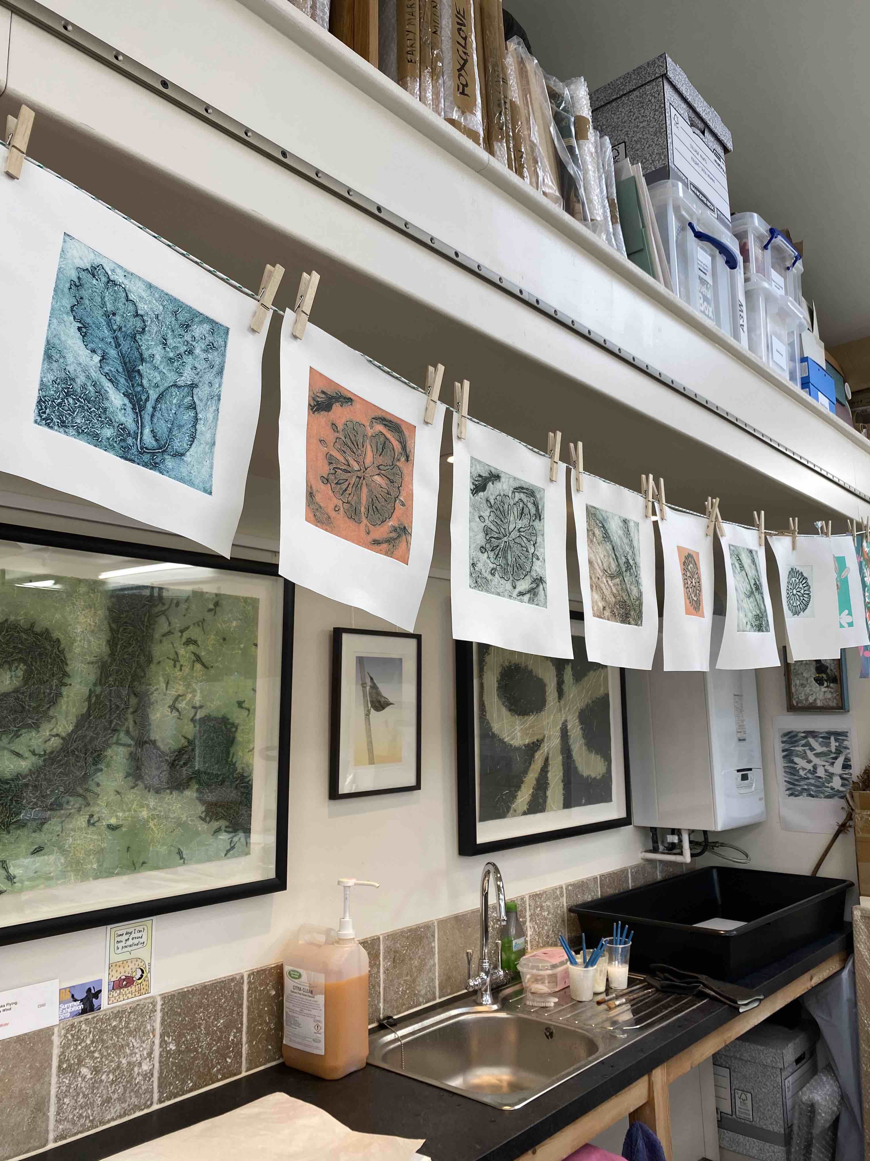 Collagraph prints hanging